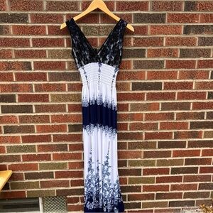 White Navy Blue Patterned Ombre V Neck Sleeveless Maxi Dress